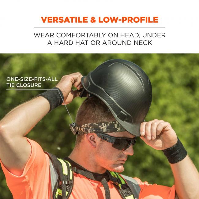Versatile & low-profile: wear comfortably on head, under a hard hat or around neck. Arrow points to back and says “one-size-fits-all tie closure” 