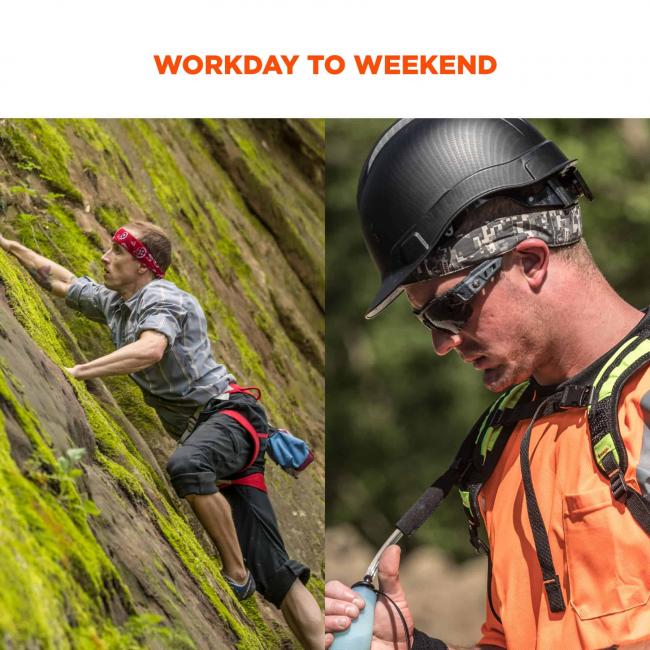 Workday to weekend. Person on left is rock climbing and construction worker on right
