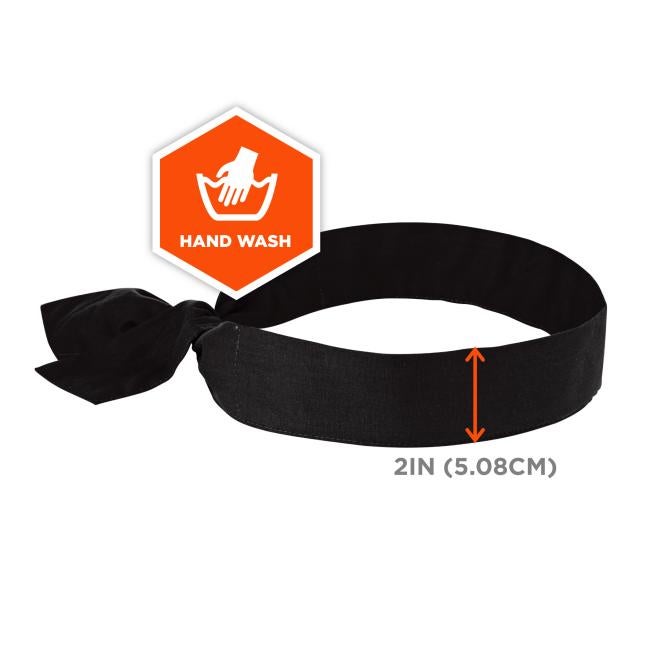 Icon says machine washable. Arrow shows height of bandana is 2in(5.08cm)