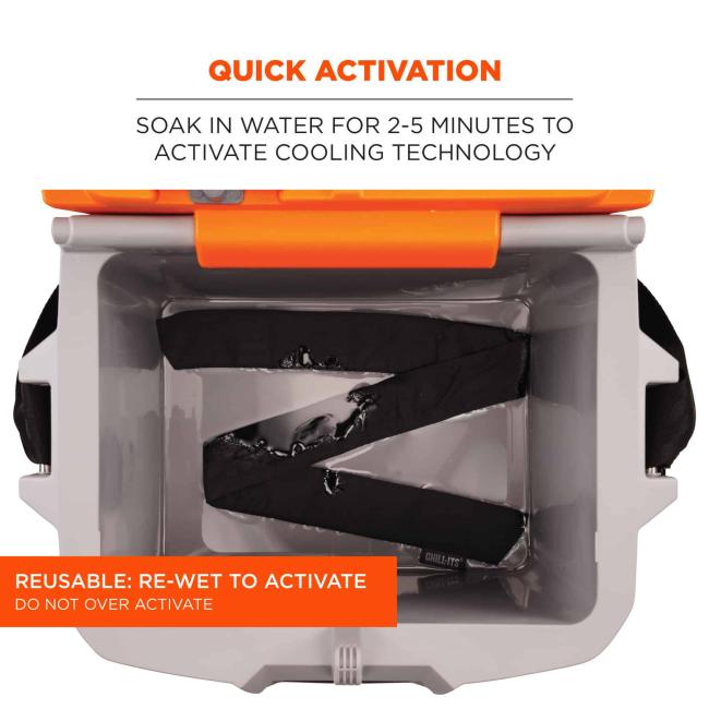 Quick activation: soak in water for 2-3 minutes to activate cooling technology. Orange flag says reusable: re-wet to activate. Do not over activate.
