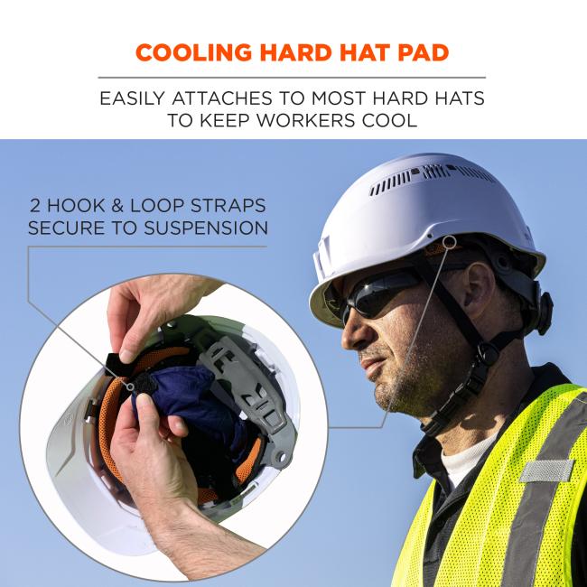 Cooling hard hat pad easily attaches to most hard hats to keep workers cool. 2 hook and loop straps secure to suspension.