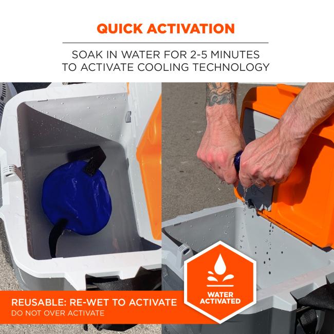 Quick activation. Soak in water for 2 to 5 minutes to activate cooling technology. Water activated badge. Reusable. Re-wet to activate. Do not over activate.