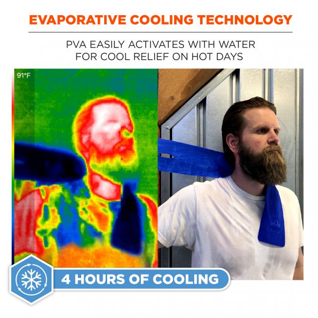 Evaporative cooling technology. PVA easily activates with water for cool relief on hot days. 4 hours of cooling