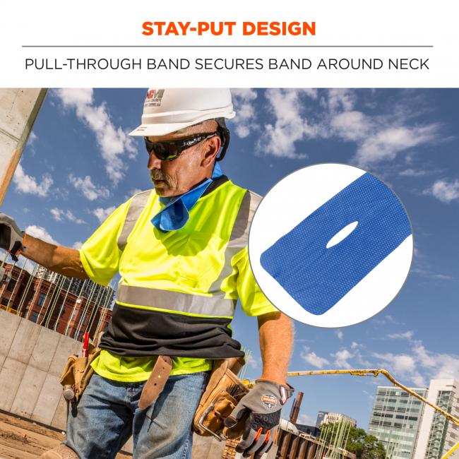 Stay put design. Pull through band secures band around neck