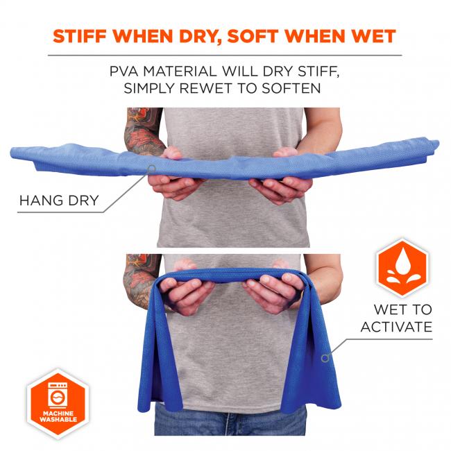 Stiff when dry, soft when wet. PVA material will dry stiff like a sponge, simply rewet to soften. Hang dry, wet to activate. Machine washable