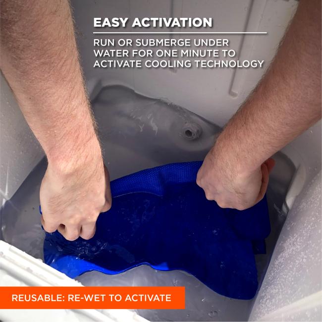 Easy activation. Run or submerge under water for one minute to activate cooling technology. Reusable, rewet to activate.