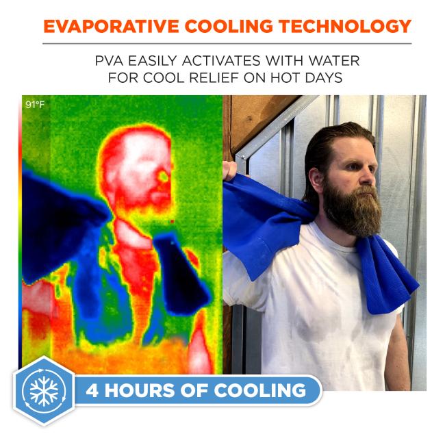 Evaporative cooling technology. PVA easily activates with water for cool relief on hot days. 4 hours of cooling
