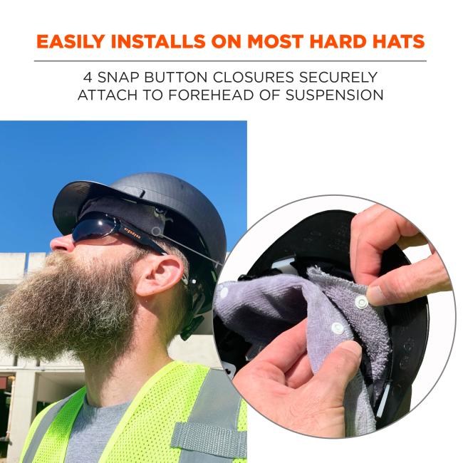 Easily installs on most hard hats. 4 snap button closures securely attach to forehead of suspension.