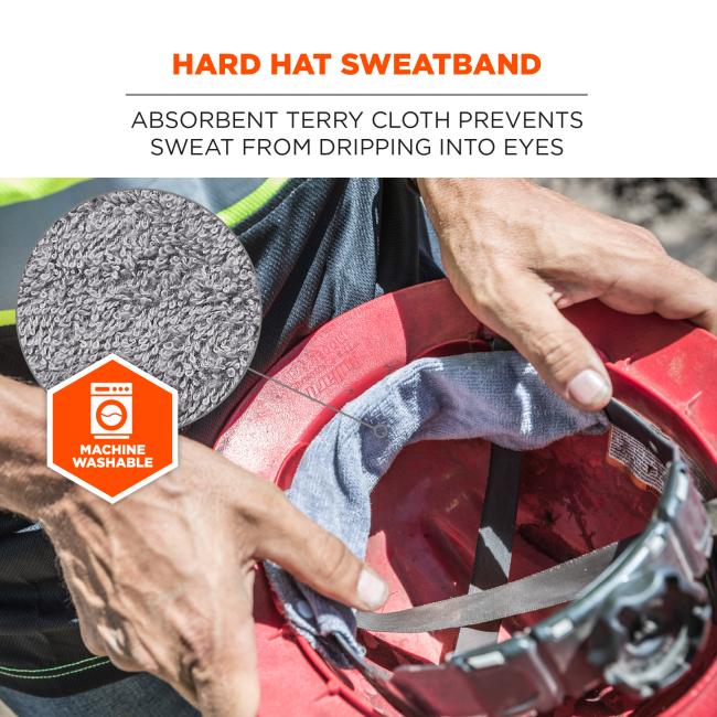Hard hat sweatband. Absorbent terry cloth prevents sweat from dripping into eyes. Machine washable badge.