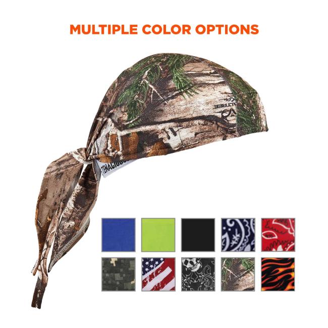 Multiple color options: Color swatches for blue, lime, black, navy western, red western, camo, stars & stripes, skulls, real tree, and flames.