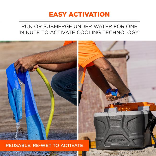 Easy activation. run or submerge under water for one minute to activate cooling technology. Reusable, re-wet to activate