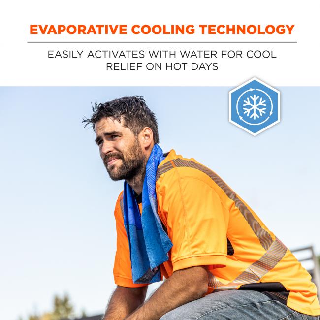 Evaporative cooling technology. Easily activates with water for cool relief on hot days
