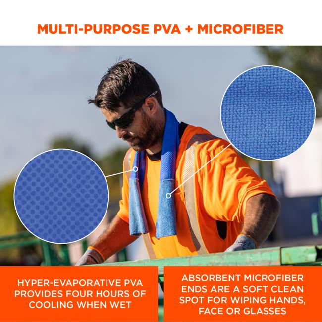 Multi purpose pva and microfiber. Hyper evaporative PVA provides four hours of cooling when wet. Absorbent microfiber ends are a soft clean spot for wiping hands, face or glasses