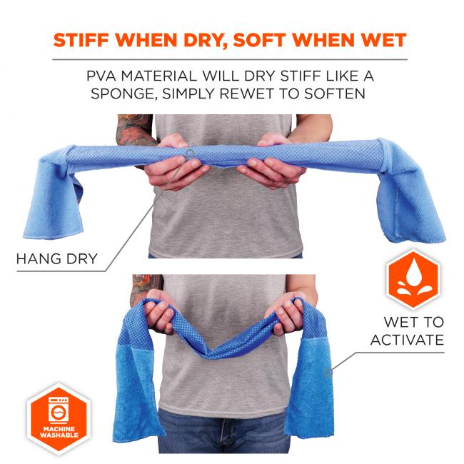 Stiff when dry, soft when wet. PVA material will dry stiff like a sponge, simply rewet to soften. Hang dry, wet to activate, machine washable
