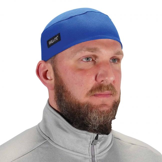 blue skull cap on model image 1