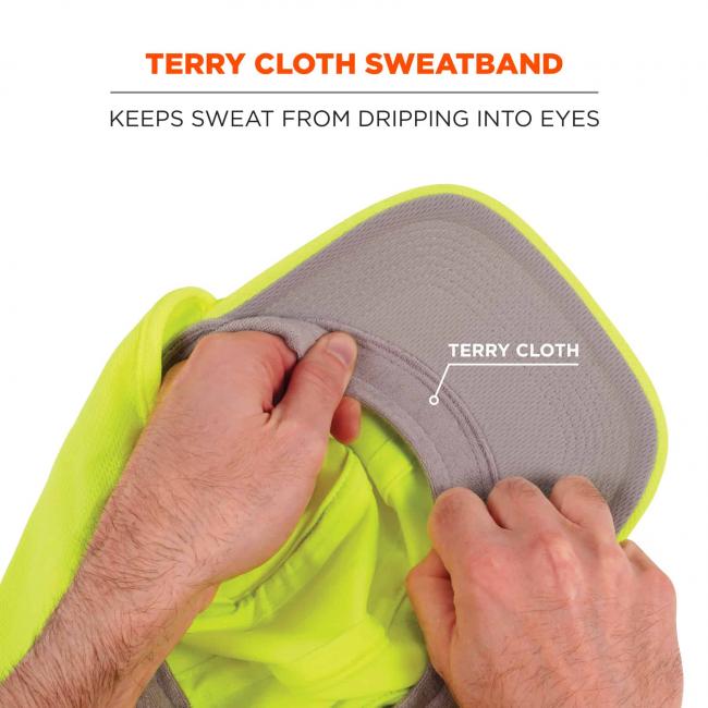 Terry cloth sweatband: keeps sweat from dripping into eyes. Arrow points to fabric and says “Terry cloth”. 