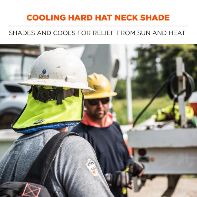 Cooling hard hat neck shade shades and cools for relief from sun and heat.