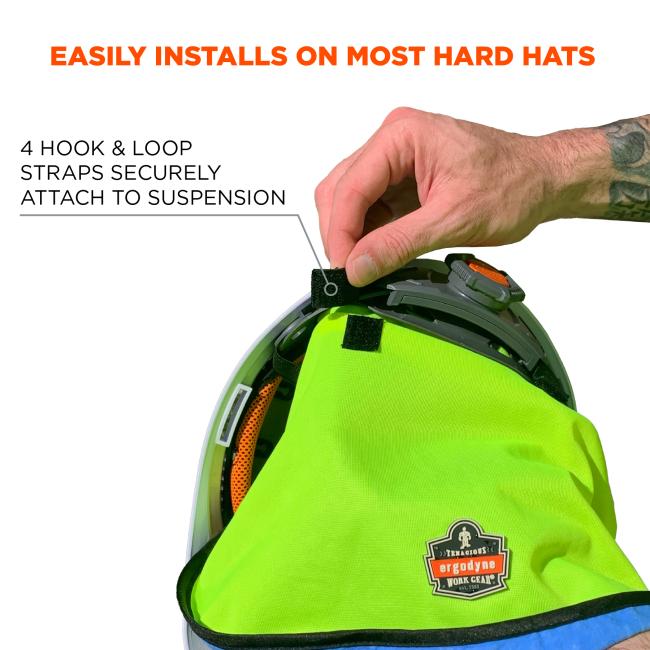 Easily installs on most hard hats. 4 hook and loop straps securely attach to suspension.