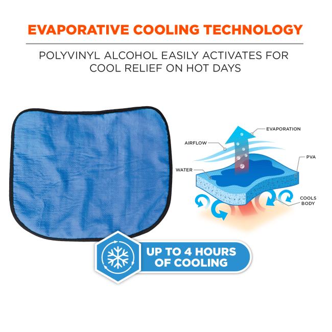 Evaporative cooling technology. Polyvinyl alcohol easily activates for cool relief on hot days. Up to 4 hours of cooling. Tech illustration: airflow, water, PVA, cools body, evaporation.