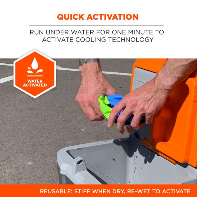 Quick activation. Run under water for one minute to activate cooling technology. Water activated badge. Reusable. Stiff when dry, re-wet to activate.