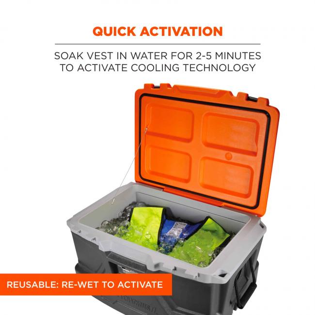 Quick activation: soak vest in water for 2-5 minutes to activate cooling technology. Orange flag says “reusable: re-wet to activate” 