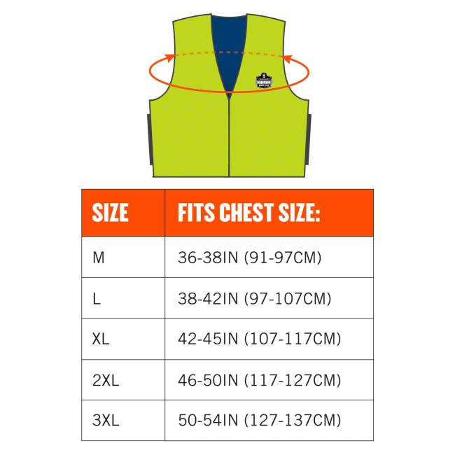 Size chart. Size M fits chest size 36-38in(91-97cm). Size L fits chest size 38-42in(97-107cm). Size XL fits chest size 42-45in(107-117cm). Size 2XL fits chest size 46-50in (117-127cm). Size 3XL fits chest size 50-54in(127-137cm). 