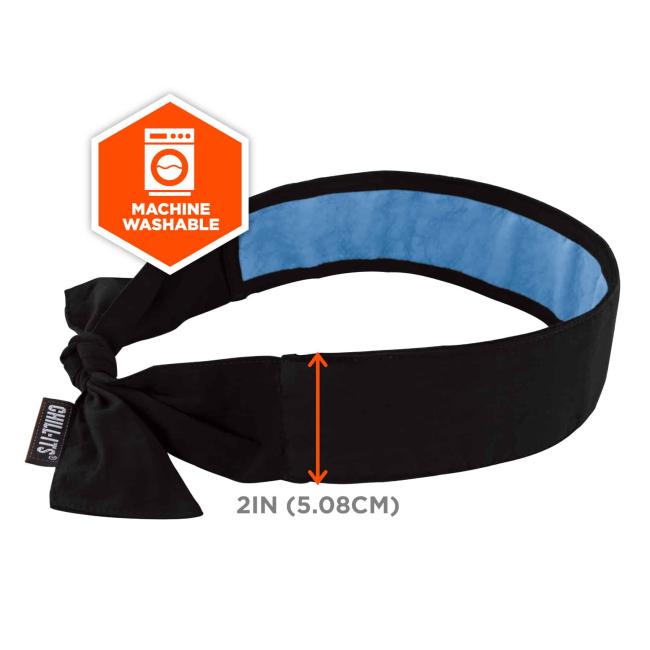 Icon says machine washable. Arrow shows height of bandana is 2in(5.08cm)