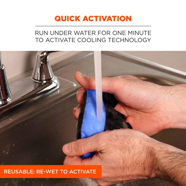 Quick activation: run under water for one minute to activate cooling technology. Orange flag callout says “reusable: re-wet to activate”.