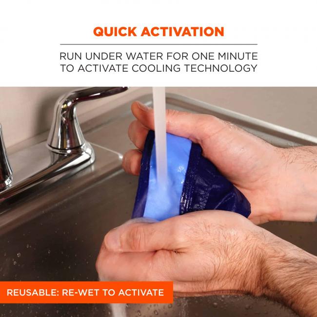 Quick activation: run under water for one minute to activate cooling technology. Orange flag callout says “reusable: re-wet to activate”. 