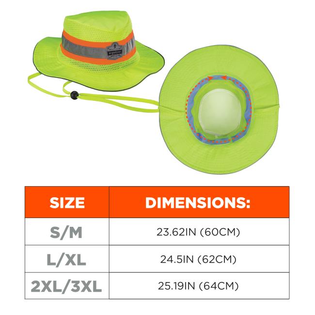 Size chart for 8935ct sun hat. Size Small/medium has a circumference of 23.62 inches or 60cm. Size large/XL has a circumference of 24.5 inches or 62cm. Size 2XL/3XL has a circumference of 25.19 inches or 64cm