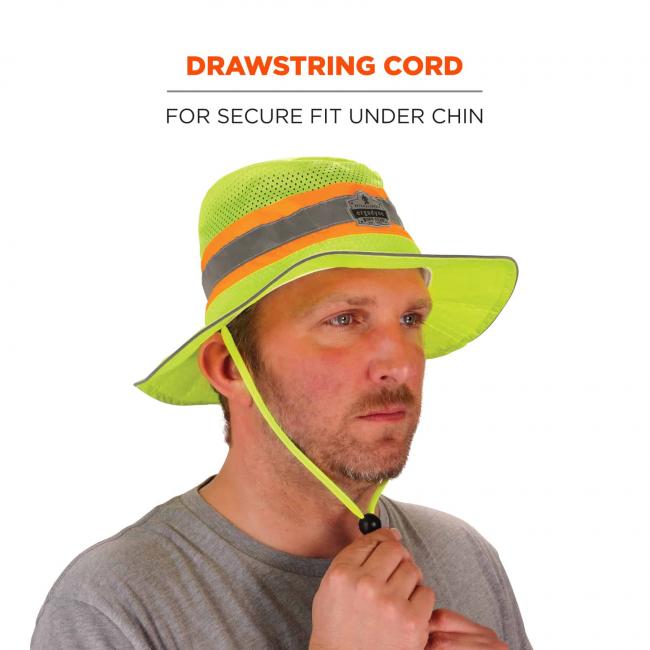 Drawstring cord: for secure fit under chin. Image shows model adjusting cord. 