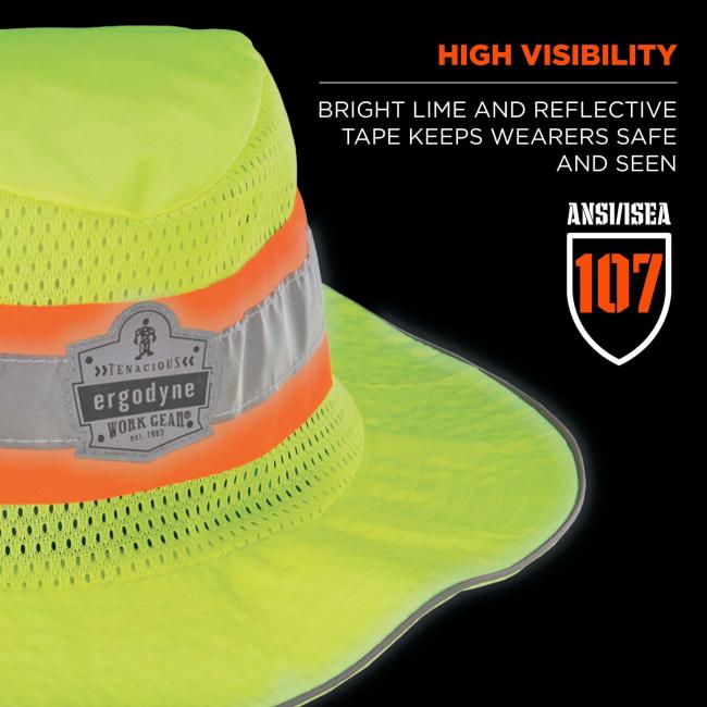 High visibility: bright lime and reflective tape keeps wearers safe and seen. Badge says ANSI/ISEA 107.