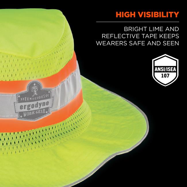 High visibility: bright lime and reflective tape keeps wearers safe and seen. Badge says ANSI/ISEA 107