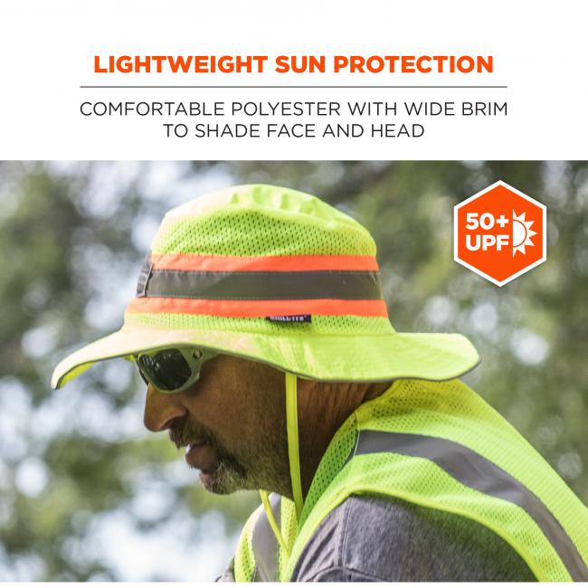 Lightweight sun protection: comfortable polyester with wide brim to shade face and neck. UPF 50+