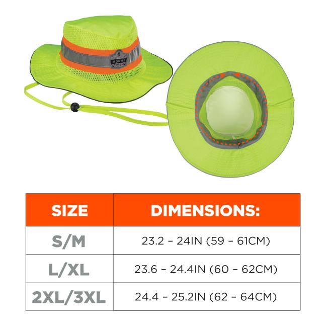 Size chart for 8935mf sun hat. Size Small/medium has a circumference of 23.2-24 inches or 59-61cm. Size large/XL has a circumference of 23.6-24.4 inches or 60-62cm. Size 2XL/3XL has a circumference of 24.4-25.2 inches or 62-64cm