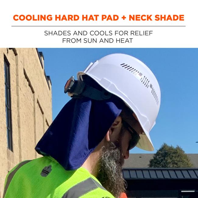 Cooling hard hat pad and neck shade shades and cools for relief from sun and heat.