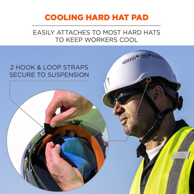 Cooling hard hat pad easily attaches to most hard hats to keep workers cool. 2 hook and loop straps secure to suspension.