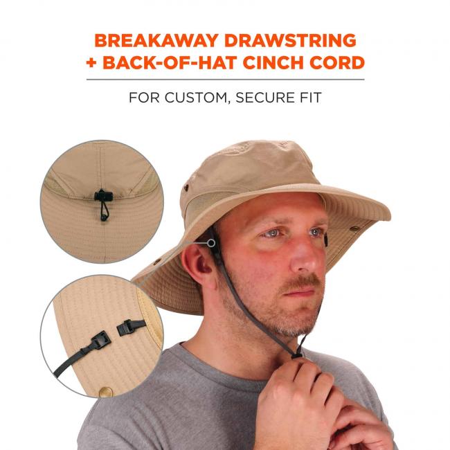 Breakaway drawstring + back-of-hat cinch cord: for custom, secure fit. Photo shows detail of cord and model tightening it.