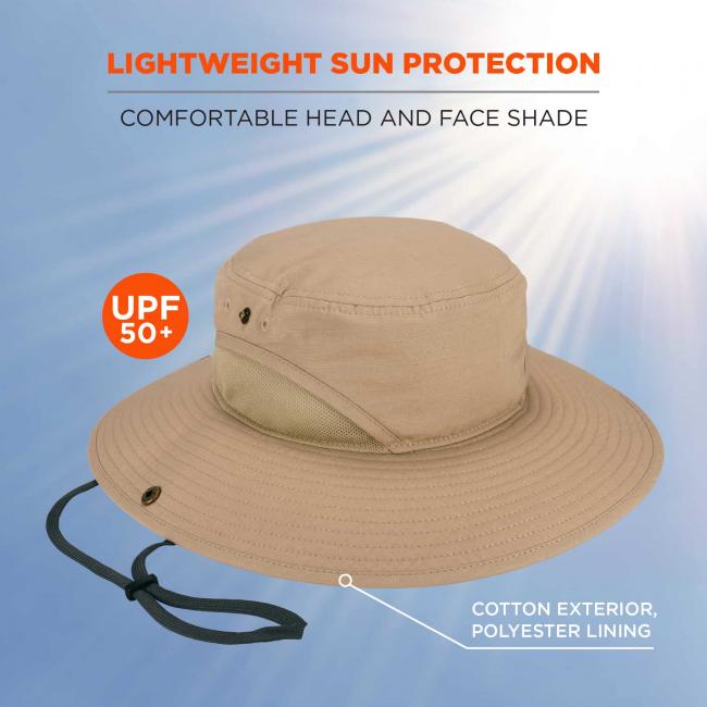 Lightweight sun protection: comfortable head and face shade. Arrow points to brim and says cotton exterior, polyester lining. Icon says UPF 50+