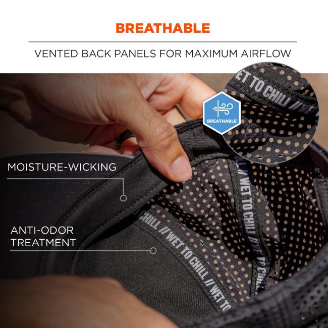 Breathable, vented back panels for maximum airflow. Moisture wicking, anti odor treatment