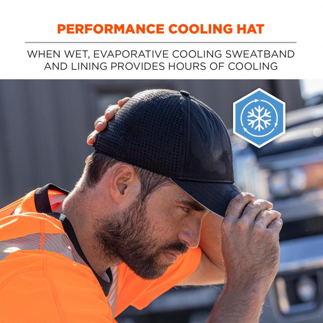 Performance cooling hat. When wet, evaporative cooling sweatband and lining provides hours of cooling