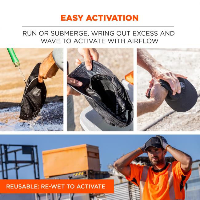 Easy activation. Run or submerge, wring out excess and wave to activate with airflow. Reusable. Rewet to activate.