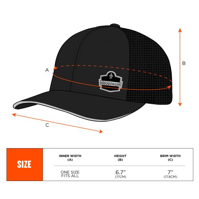 Size chart. Inner width A: One size fits all. Height B: 3.5", 7cm. Brim width C: 3.5", 7cm