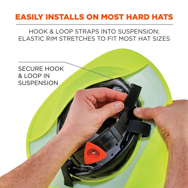 Easily installs on most hard hats: hook & loop straps into suspension; elastic rim stretches to fit most hat sizes. Arrow points to feature and says “secure hook & loop in suspension”