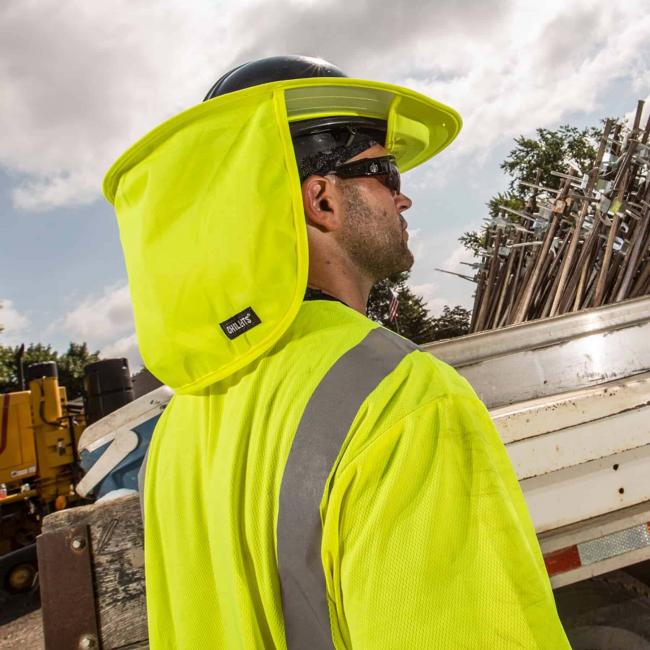 Hard hat brim on worker