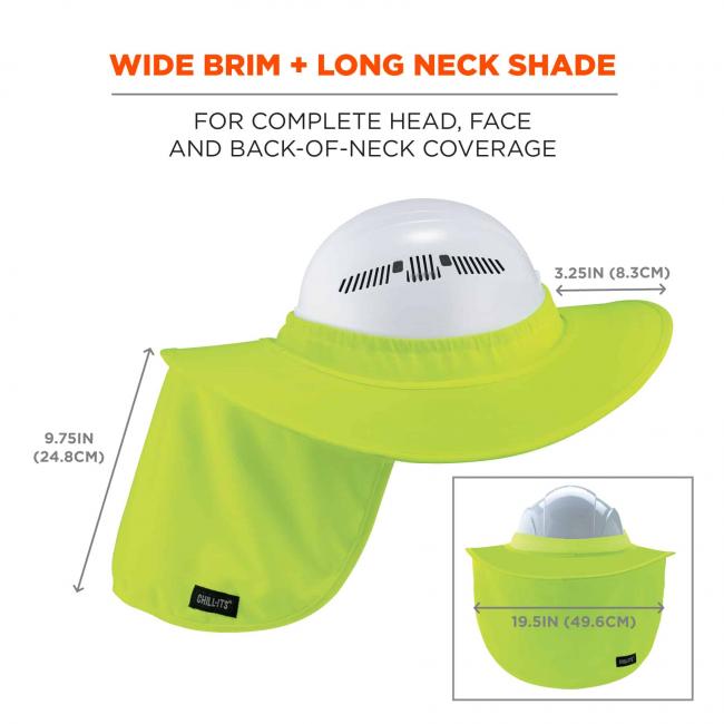 Wide brim + long neck shade: for complete head, face and back-of-neck coverage. Arrows show length of neck shade is 9.75in(24.8cm), width of neck shade is 19.5in(49.6cm) and length of brim is 3.25in(8.3cm)