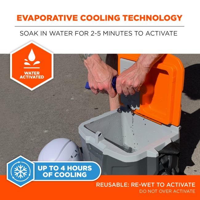 evaporative cooling technology. Soak in water for 2-5 minutes to activate. Water activated badge. Up to 4 hours of cooling. Reusable. Re-wet to activate. Do not over activate.