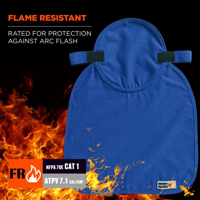 Flame resistant. Rated for protection against arc flash. FR badge. NFPA 70E Cat 1. ATPV 7.1 cal/cm2 rating.
