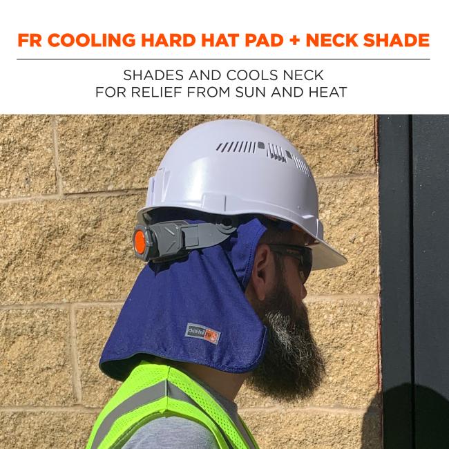 FR cooling hard hat pad and neck shade shades and cools for relief from sun and heat.
