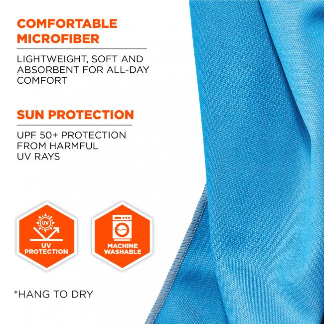 Comfortable microfiber. Lightweight, soft and absorbent for all day comfort. Sun protection, UPF 50 plus protection from harmful UV rays. Machine washable, hang to dry